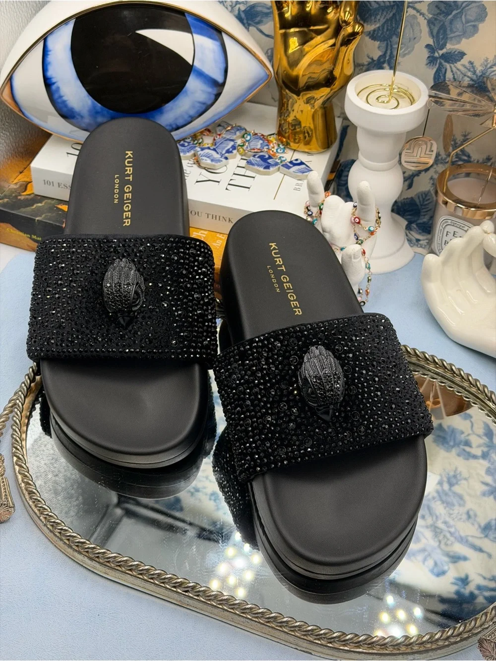 🆕 KURT GEIGER LONDON 🧿 NWOB Brockwell Strass Black Crystal Slide Sandal